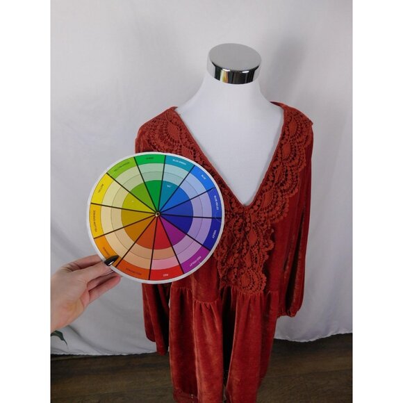 Rusttydustty Dress Womens 2XL Rust Velvet Boho Lace Trim Long Sleeve V Neck - Picture 8 of 11